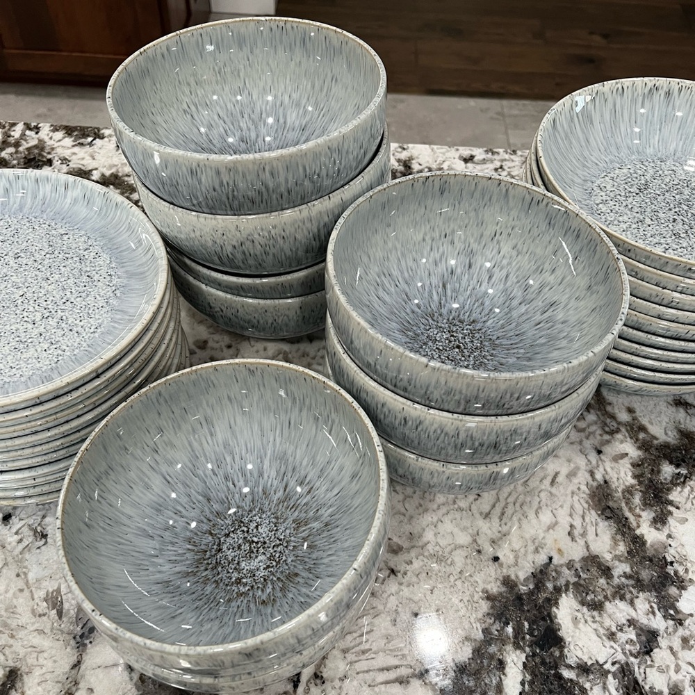 Denby halo light blue toned speckle dinnerware bowls - set of 10
